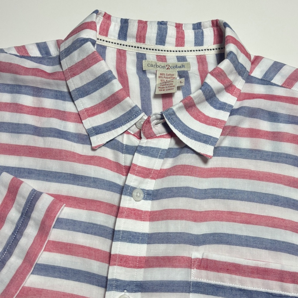 Carbon2Cobalt Red White Blue Striped Mens L Patriotic Short Sleeve Button Up